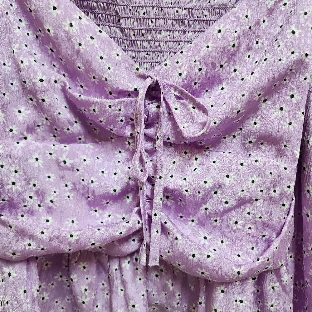 Zara Top Women Sz M Purple Floral Sweetheart Lace Up Puff Slv Smocked Babydoll